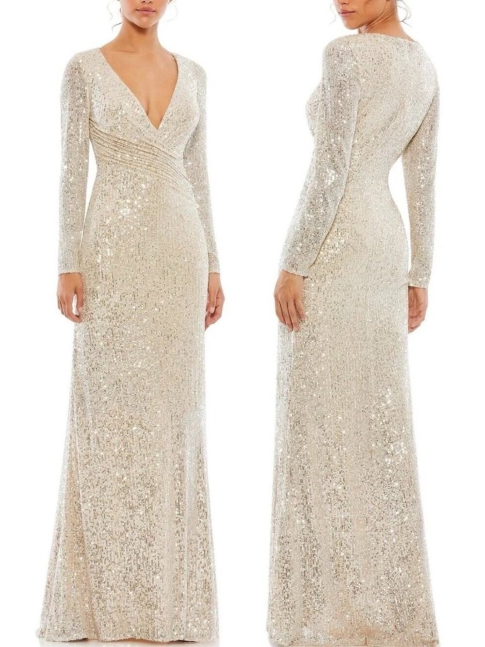 Mac Duggal 26574 Formal Faux Wrap Long Sleeve Sequined Gown Dress Size 2